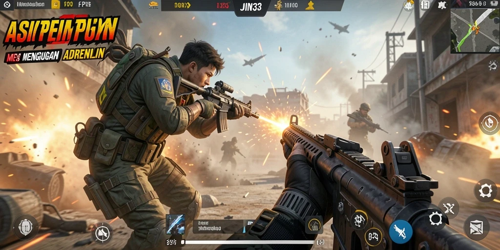 Tangkapan layar utama JIN33 menampilkan aksi pertempuran seru dalam game FPS.