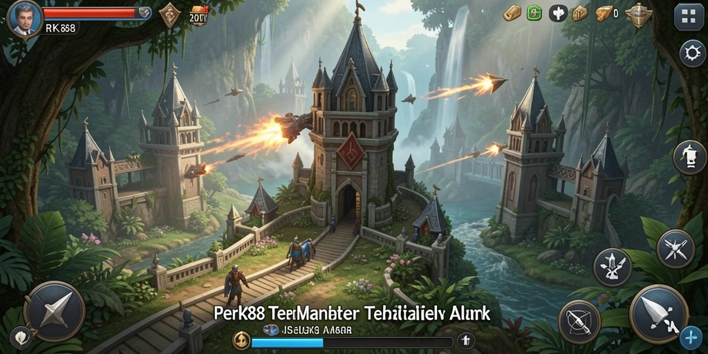 Gameplay RK88 yang seru dalam melindungi menara dari serangan musuh.