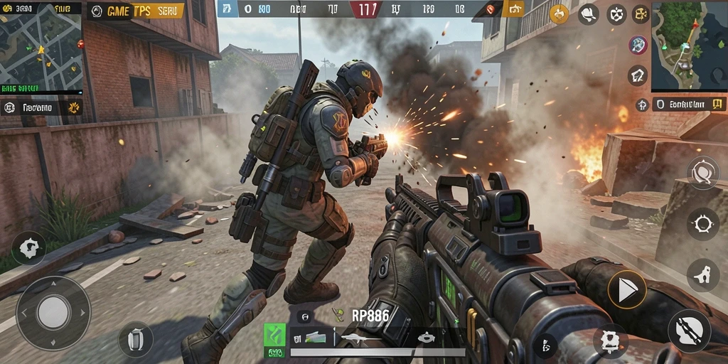Tampilan gameplay RP886 dengan aksi tembak-menembak seru di berbagai peta.
